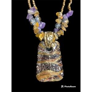 Boho Statement Pendant Necklace Multicolored Beaded Gemstone Choker